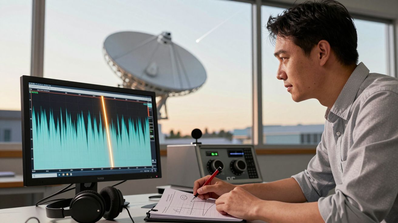 Mężczyzna analizuje dane na komputerze, w tle antena satelitarna.