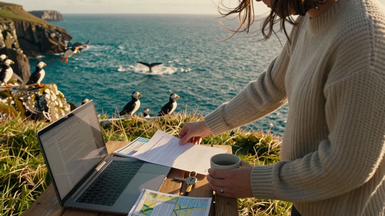 Osoba pracująca na laptopie na klifie z maskonurami w tle, trzymająca filiżankę i dokumenty.
