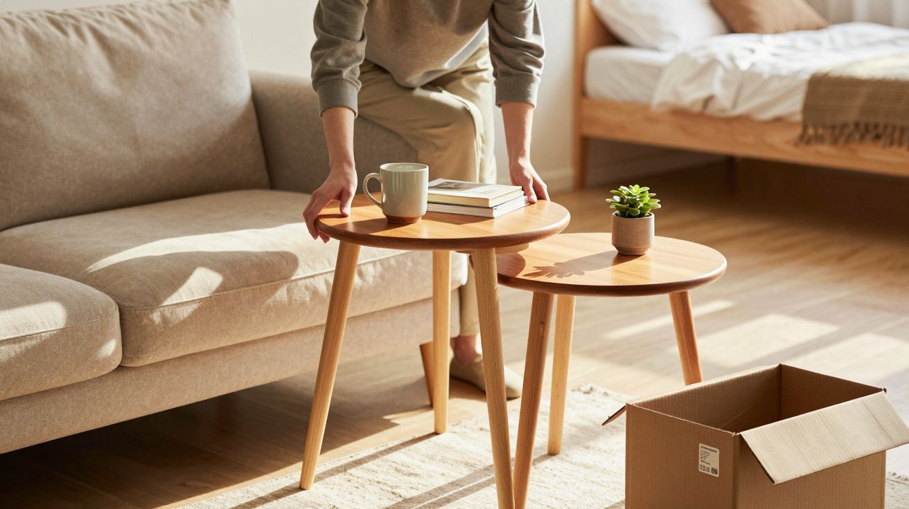 Osoba układająca stoliki, obok kanapy i łóżka, z kubkiem, książkami i rośliną. Obok stoi karton.