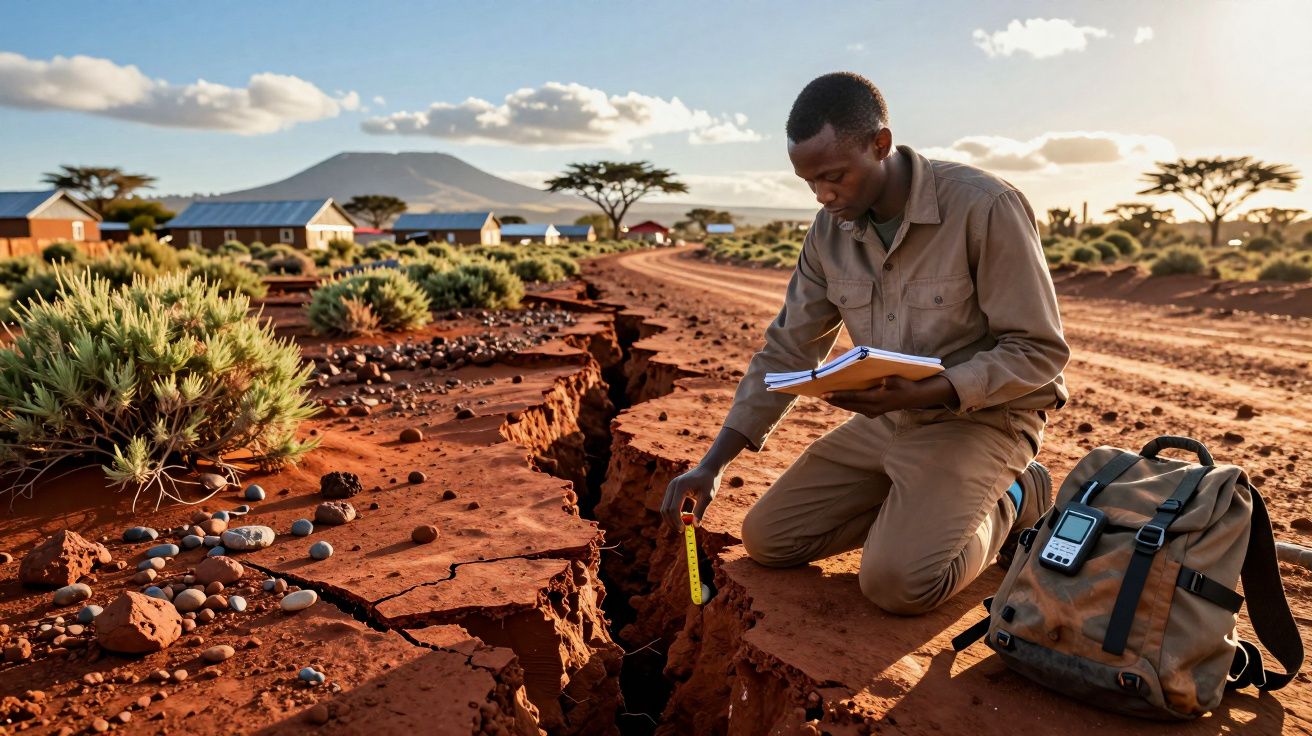 Mężczyzna mierzy pęknięcie w ziemi na pustynnej drodze, trzymając notes, obok leży plecak i przyrządy pomiarowe.