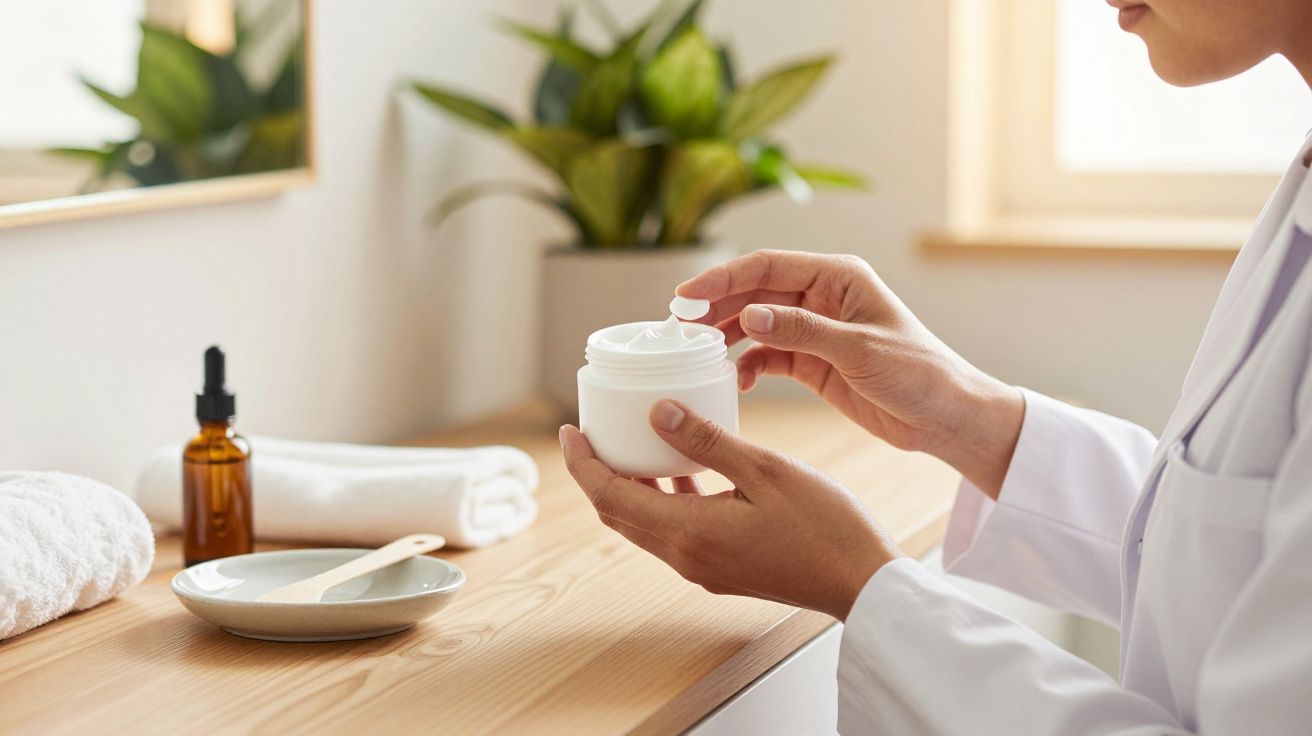 Osoba otwiera słoik z kremem na drewnianym blacie obok ręcznika i butelki z pipetą.