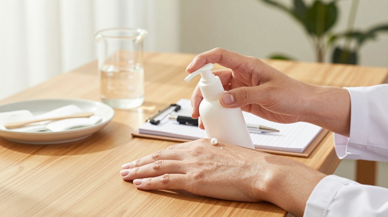 Osoba nakładająca krem z białej butelki na dłoń przy biurku z zeszytem i szklanką w tle.