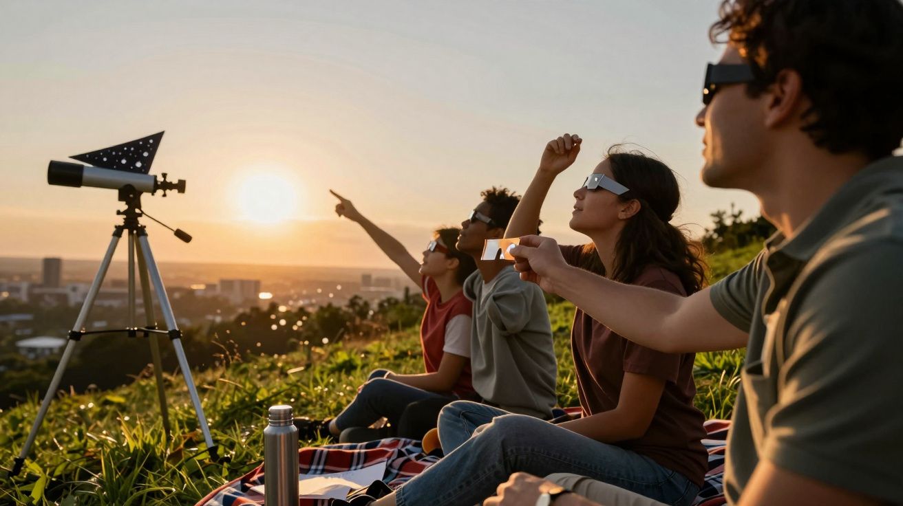 Ludzie w okularach oglądają zaćmienie słońca na łące, używają teleskopu i wskazują palcem na niebo.