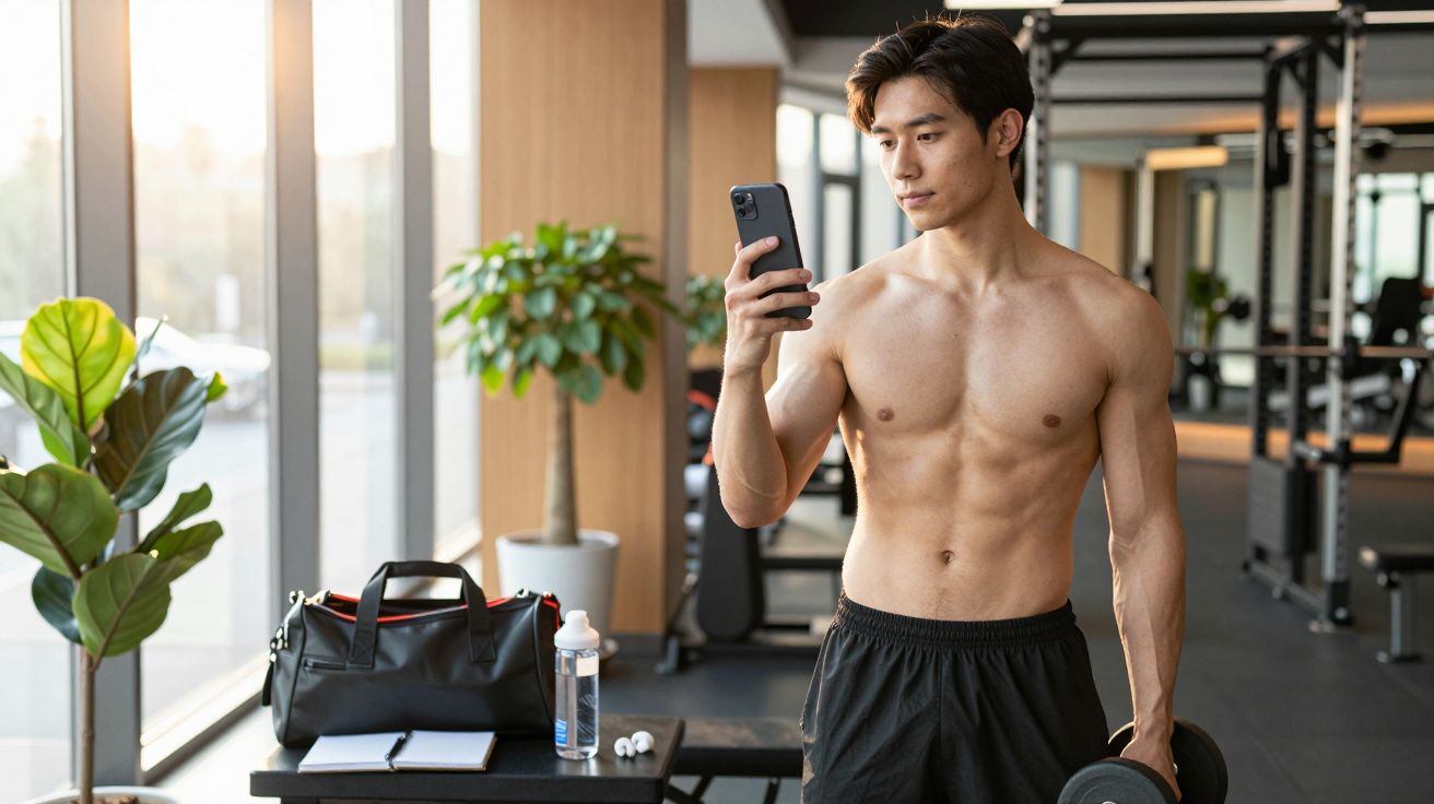 Mężczyzna w siłowni trzymający hantlę i telefon, obok torba sportowa i butelka wody.