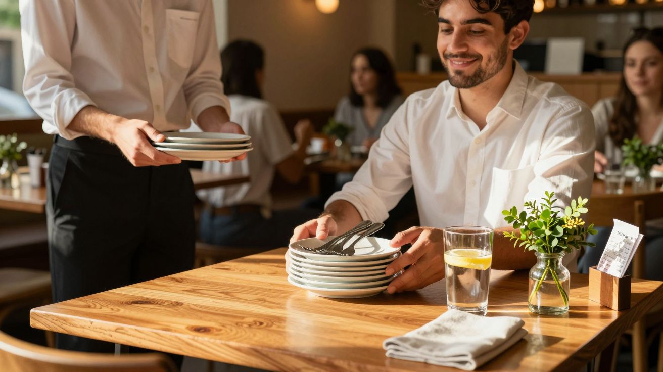 Kelnerka podaje talerze uśmiechniętemu mężczyźnie w restauracji. Na stole stoi szklanka wody i roślina.