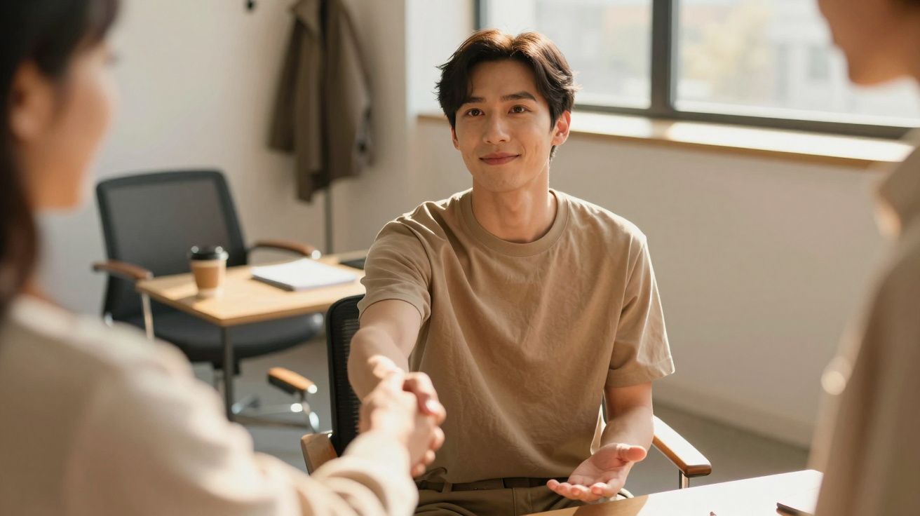 Mężczyzna w beżowej koszulce podaje rękę w jasnym biurze, uśmiecha się do siedzącej naprzeciw osoby.