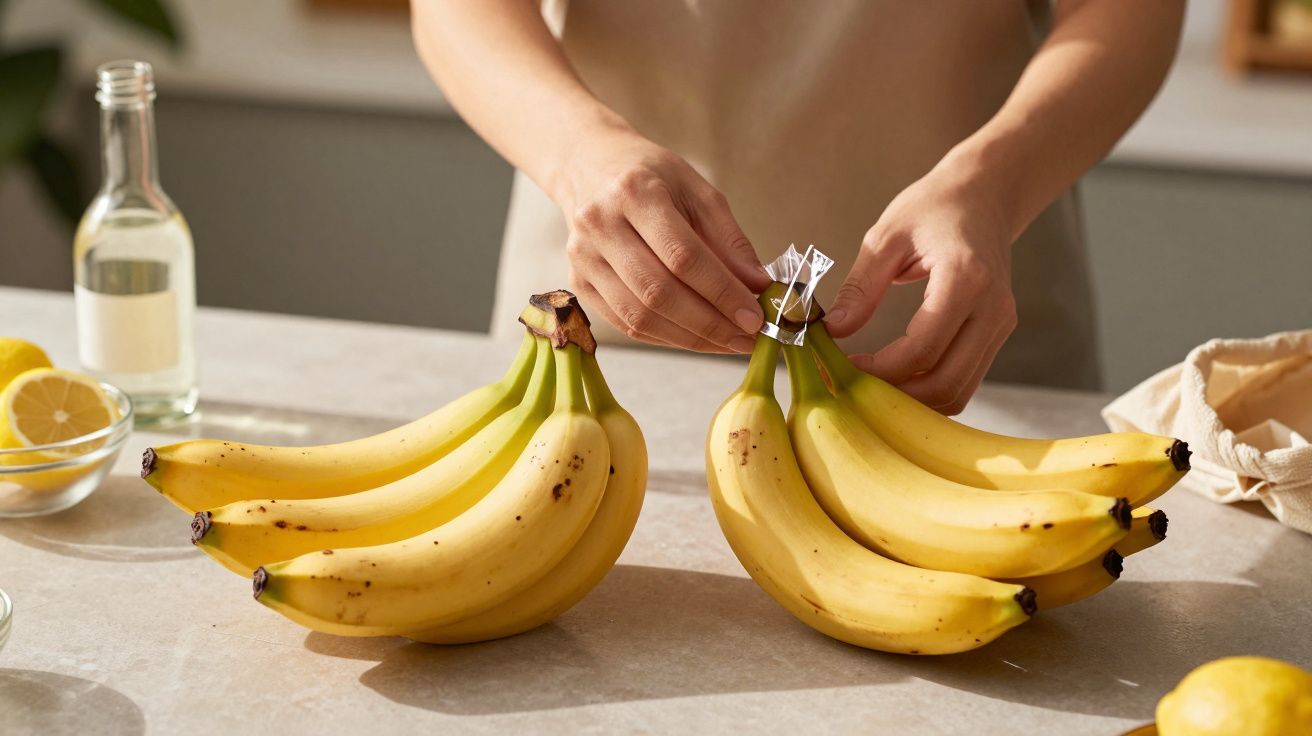 Osoba spinająca klamerką dwie kiście bananów na kuchennym blacie.