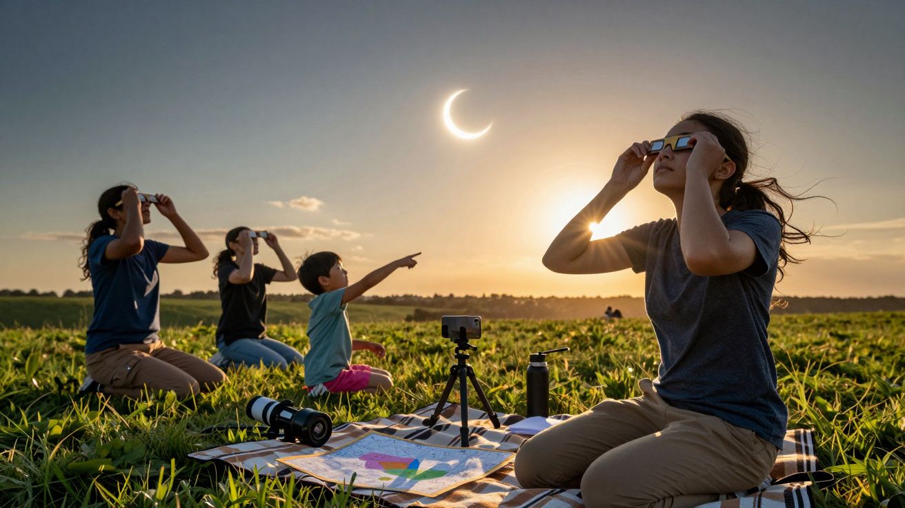 Ludzie obserwują zaćmienie słońca na łące, używając okularów ochronnych. W tle zachód słońca.
