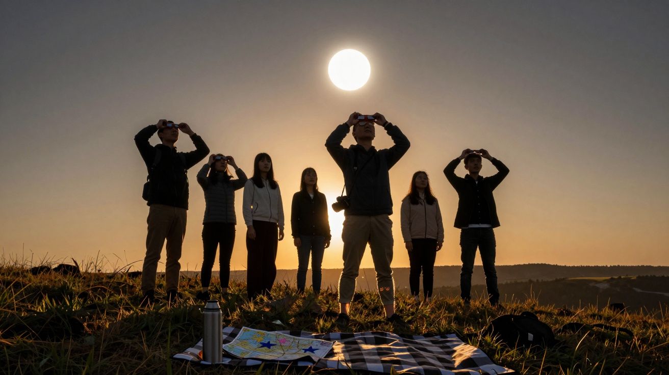 Grupa ludzi na łące obserwująca zaćmienie słońca przez specjalne okulary.