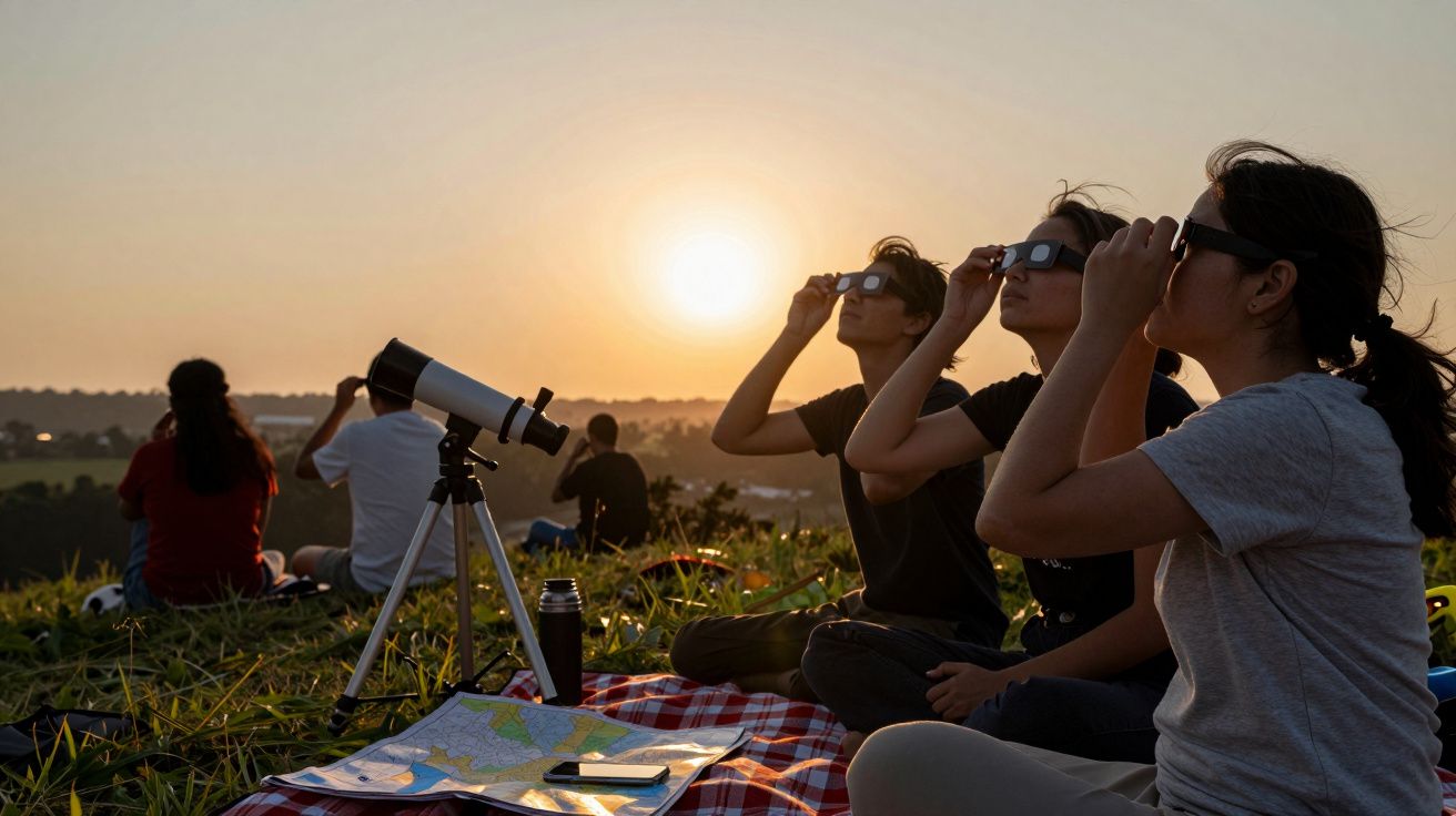 Osoby siedzące na kocu, obserwują zaćmienie słońca przez okulary ochronne, teleskop ustawiony obok.