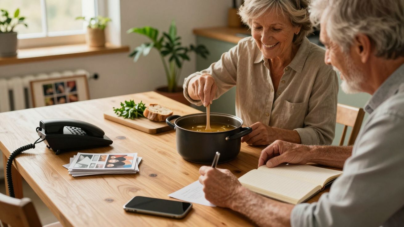 Starsza para siedzi przy stole. Kobieta miesza zupę w garnku, mężczyzna pisze w notatniku. Na stole telefon i warzywa.