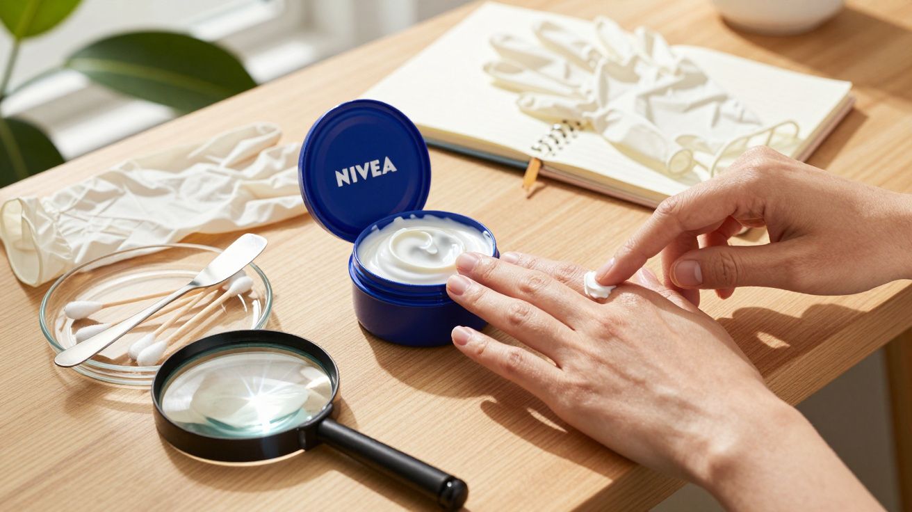 Osoba nakłada krem Nivea na dłonie przy biurku z lupą, patyczkami higienicznymi i rękawiczkami w tle.