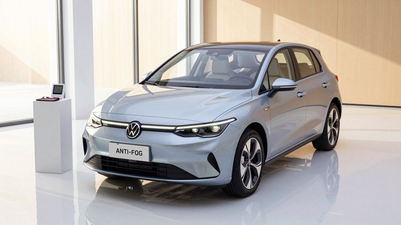 Srebrny samochód elektryczny zaparkowany w jasnym pomieszczeniu, obok niewielkiego białego postumentu.