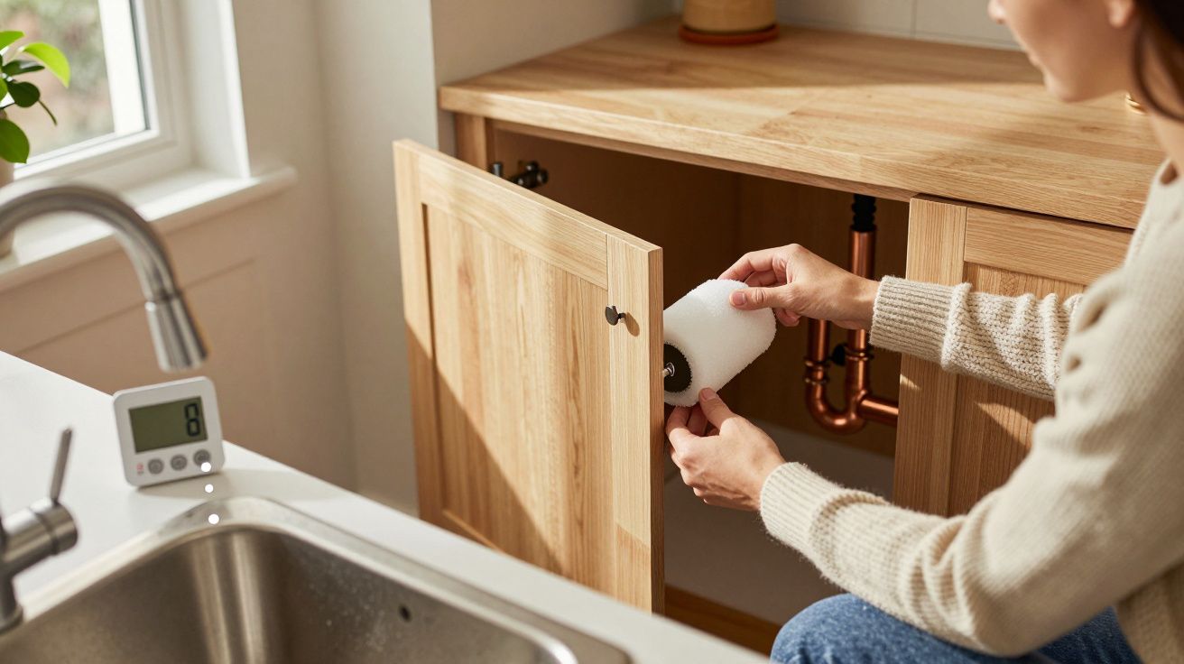 Osoba umieszcza czujnik pod zlewem kuchennym.