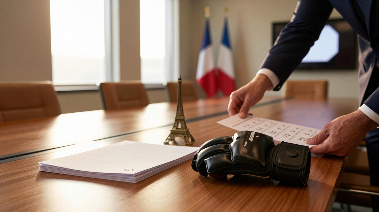 Ręka mężczyzny trzyma dokumenty na stole konferencyjnym z miniaturką wieży Eiffla i rękawicami bokserskimi.