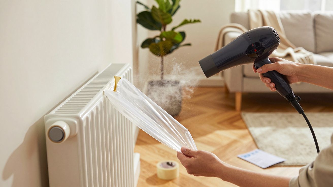 Osoba używająca suszarki do włosów do zakładania folii termokurczliwej na kaloryfer w salonie.