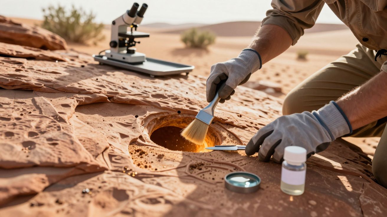 Osoba w rękawiczkach bada skałę w pustynnym terenie, obok stoi mikroskop.