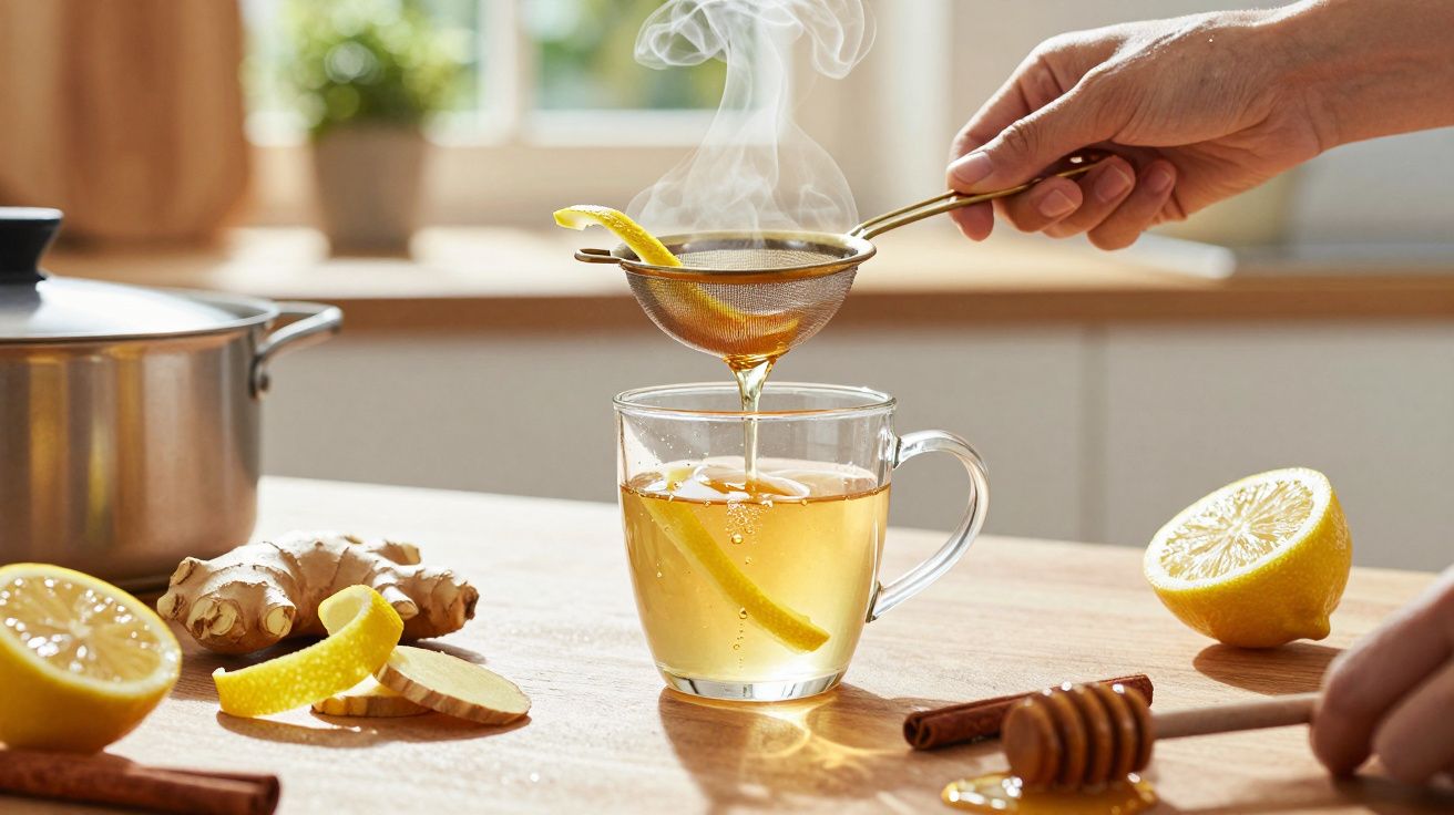 Osoba przygotowuje herbatę z imbirem, miodem i cytryną w kuchni. Para unosi się nad kubkiem.