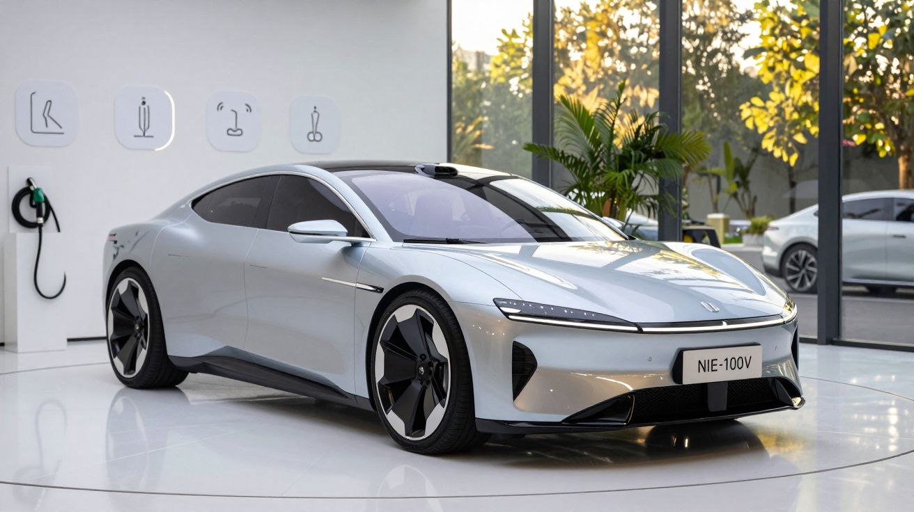 Nowoczesny, srebrny samochód elektryczny w jasnym salonie wystawowym z dużymi oknami i roślinami w tle.