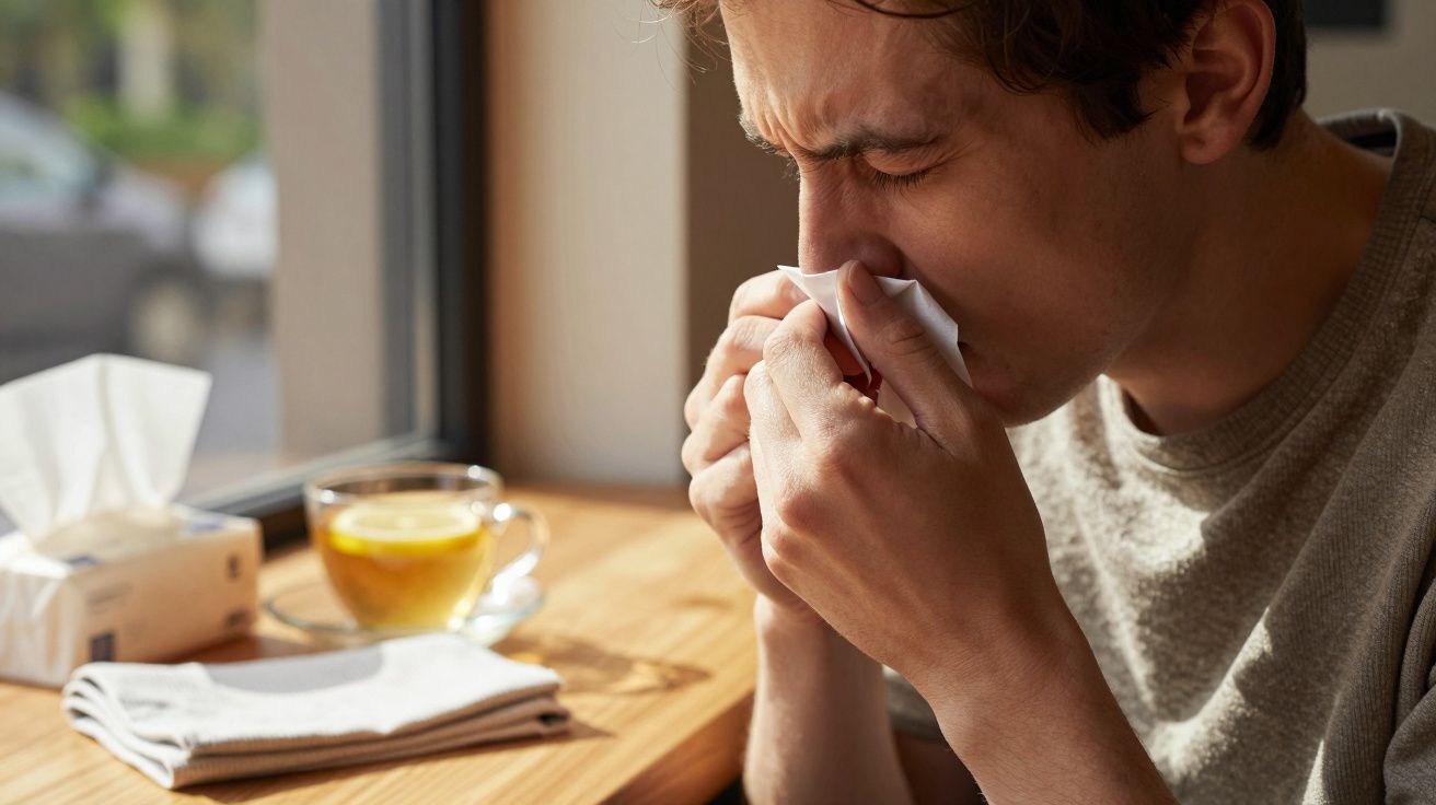 Mężczyzna siedzi przy oknie, kicha do chusteczki. Obok stoi filiżanka herbaty z cytryną i paczka chusteczek.