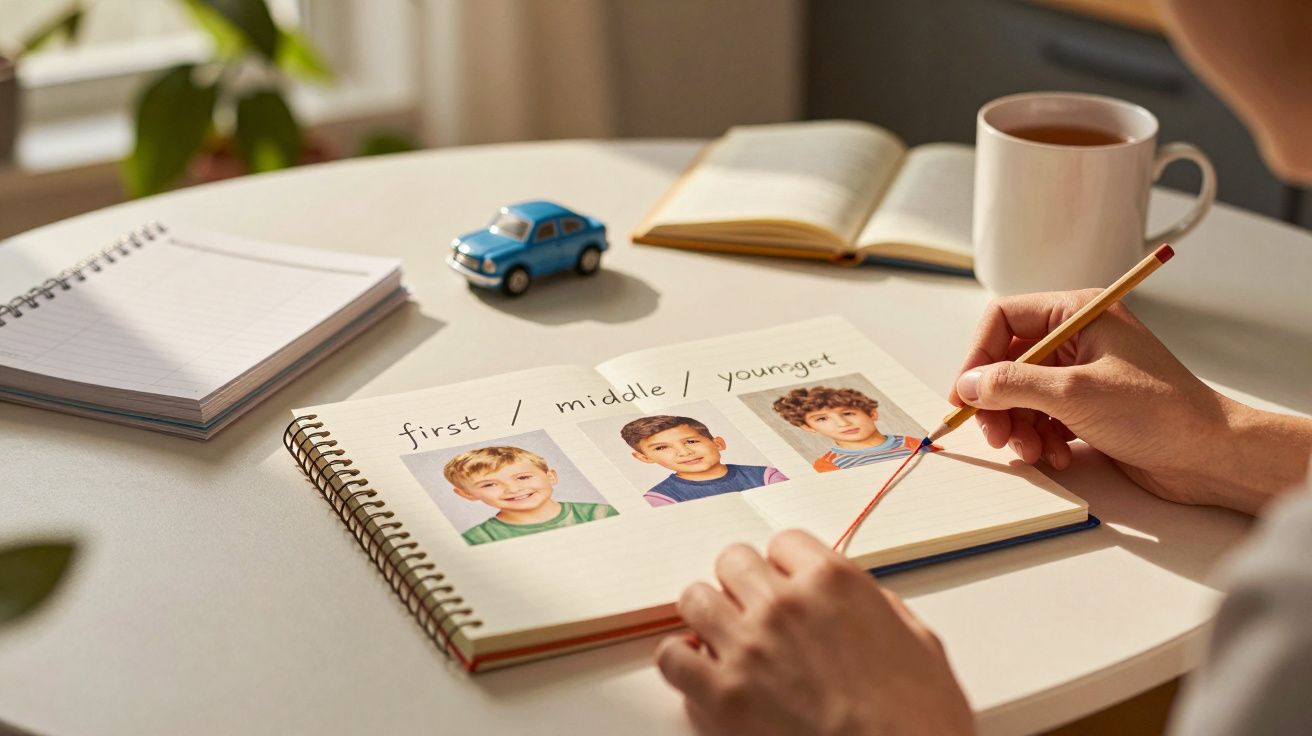 Osoba pisze w notatniku z zdjęciami dzieci podpisanymi "pierwszy", "środkowy", "najmłodszy" na stole z zabawką i herbatą.