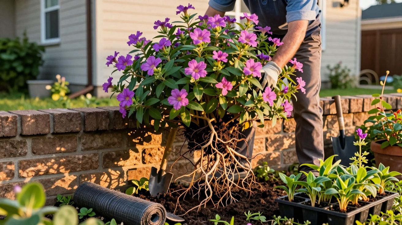 Osoba sadzi fioletowy kwiat w ogrodzie, obok ceglanej ściany, w słoneczny dzień.
