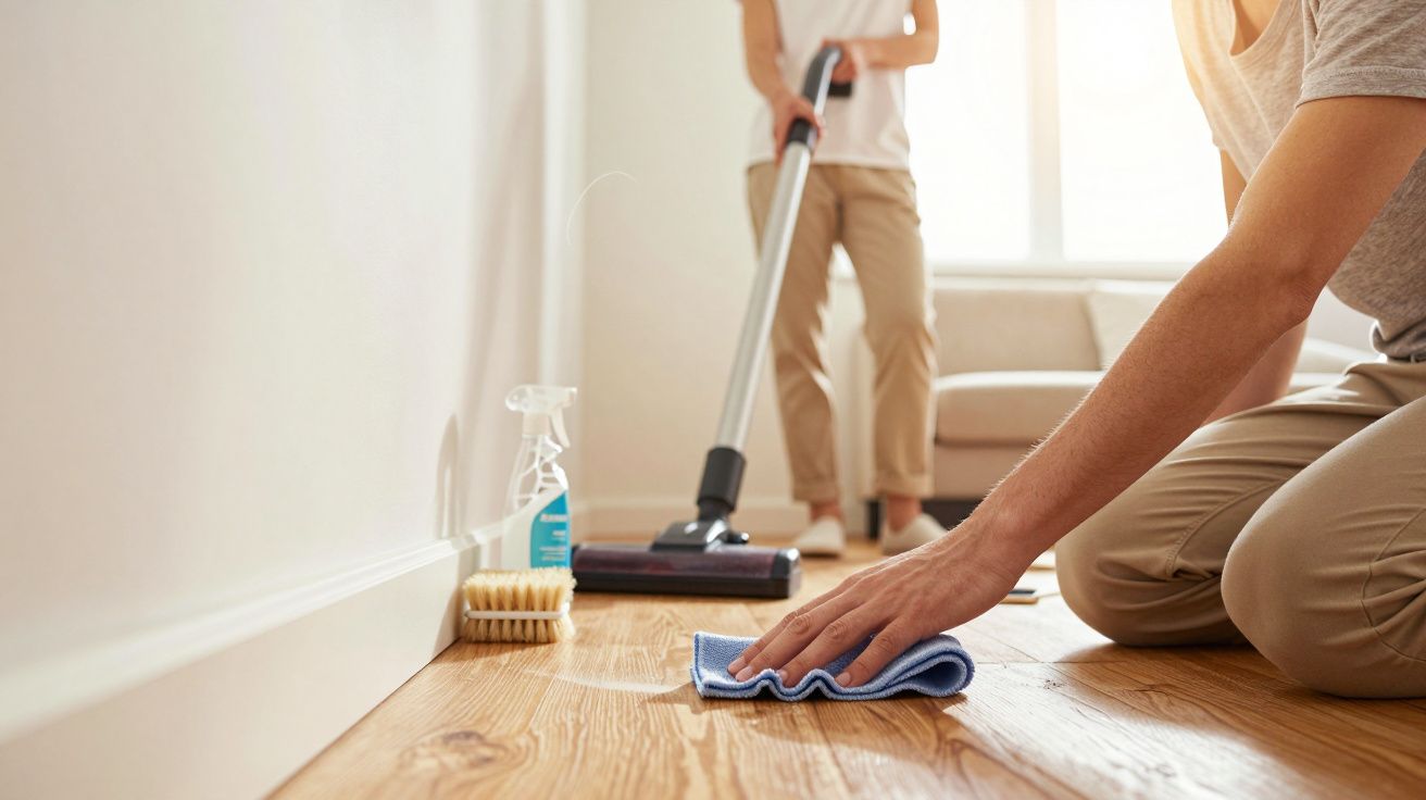 Osoby sprzątające drewnianą podłogę, jedna z mopem, druga odkurza; przy ścianie spray i szczotka.