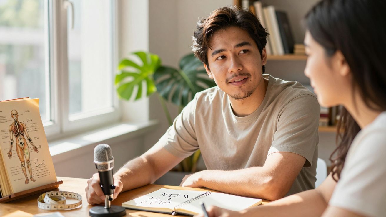 Mężczyzna i kobieta rozmawiają przy biurku, otwarta książka o anatomii, mikrofon i zeszyt.