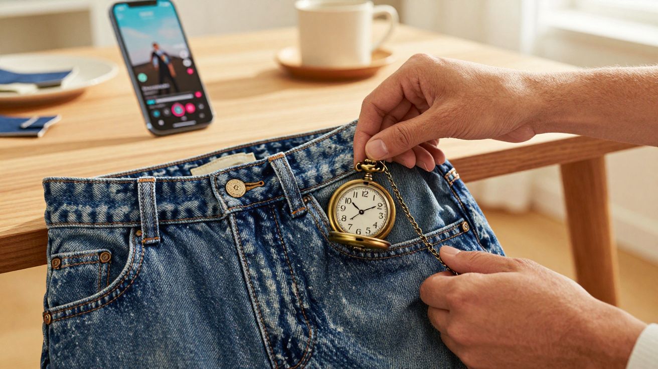 Osoba wkłada złoty zegarek kieszonkowy do małej kieszeni jeansów, obok stoi smartfon na stole.