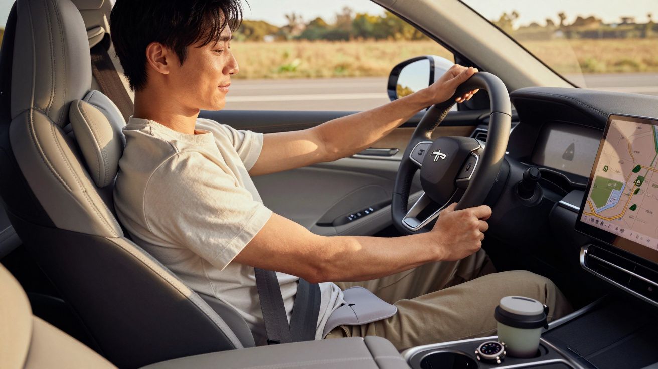 Mężczyzna prowadzi samochód, patrząc na drogę, z nawigacją GPS widoczną na ekranie deski rozdzielczej.