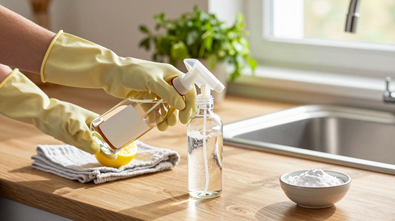 Osoba w rękawicach przygotowuje domowy środek czyszczący na blacie kuchennym z cytryną i sodą oczyszczoną.