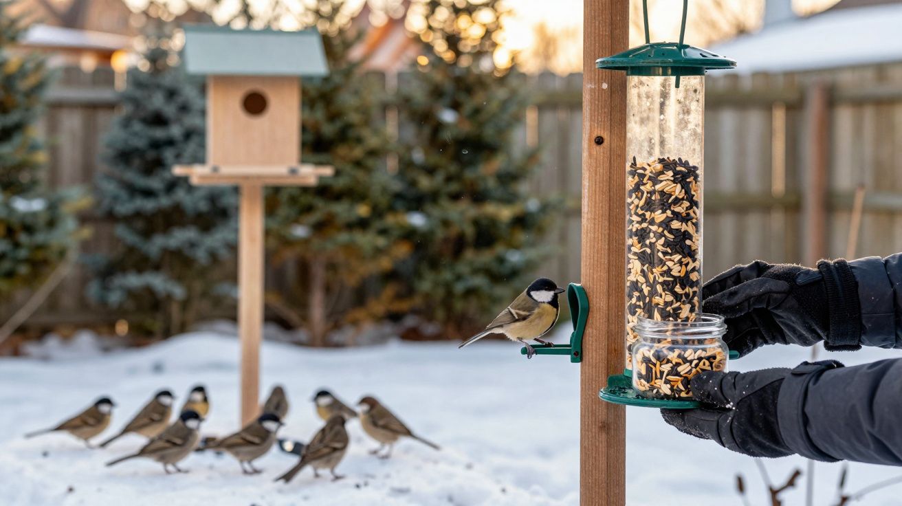 Osoba napełnia karmnik dla ptaków w ośnieżonym ogrodzie; sikorki i wróble wokół budki lęgowej.