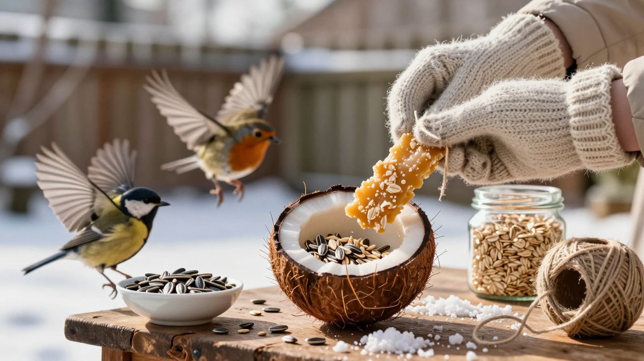 Ptaki karmione zimą: jedna osoba w rękawiczkach podaje nasiona z kokosa, dwa ptaki w locie, śnieg na stole.