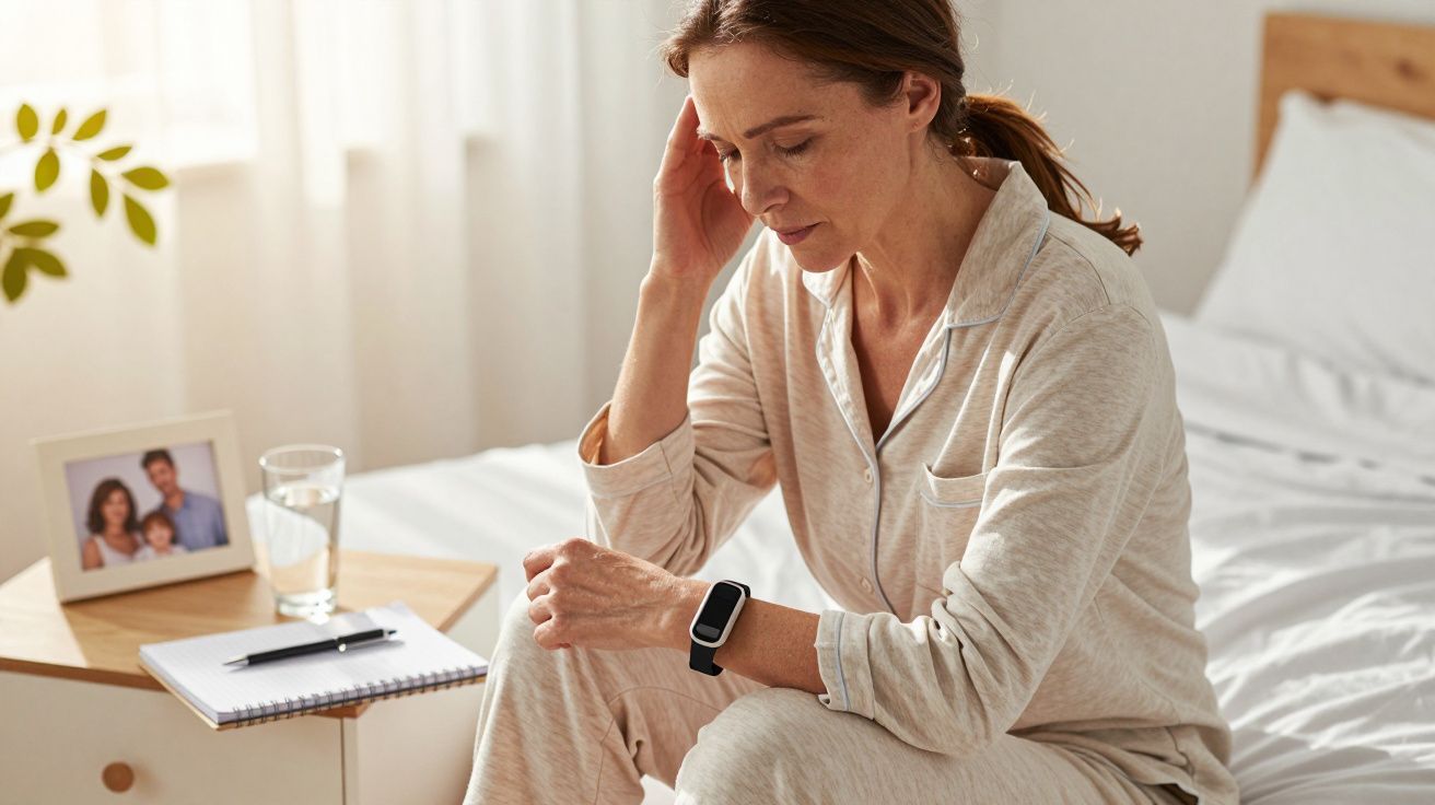 Kobieta w piżamie siedzi na łóżku, dotykając głowy, z zegarkiem na ręce. Obok notatnik, długopis i zdjęcie rodzinne.