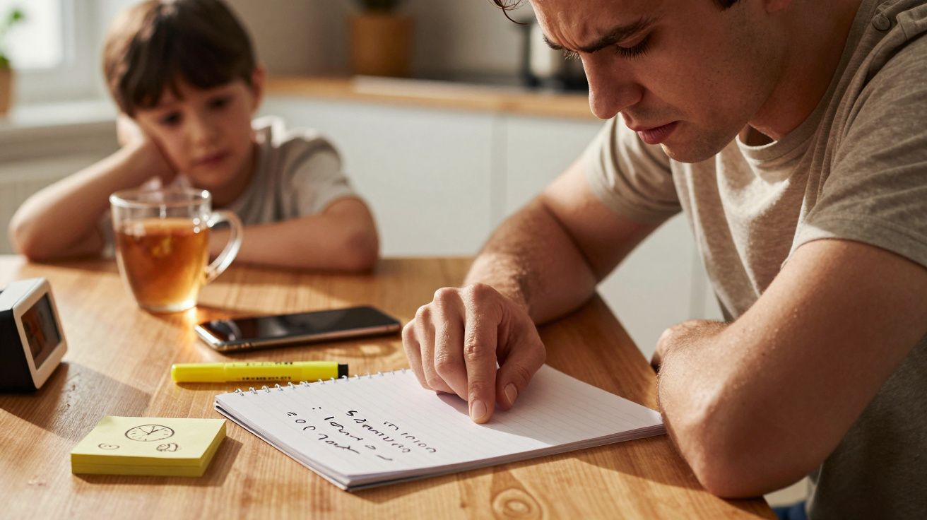 Mężczyzna czyta notatki przy stole z dzieckiem w tle, na stole notatnik, marker, telefon i kubek herbaty.