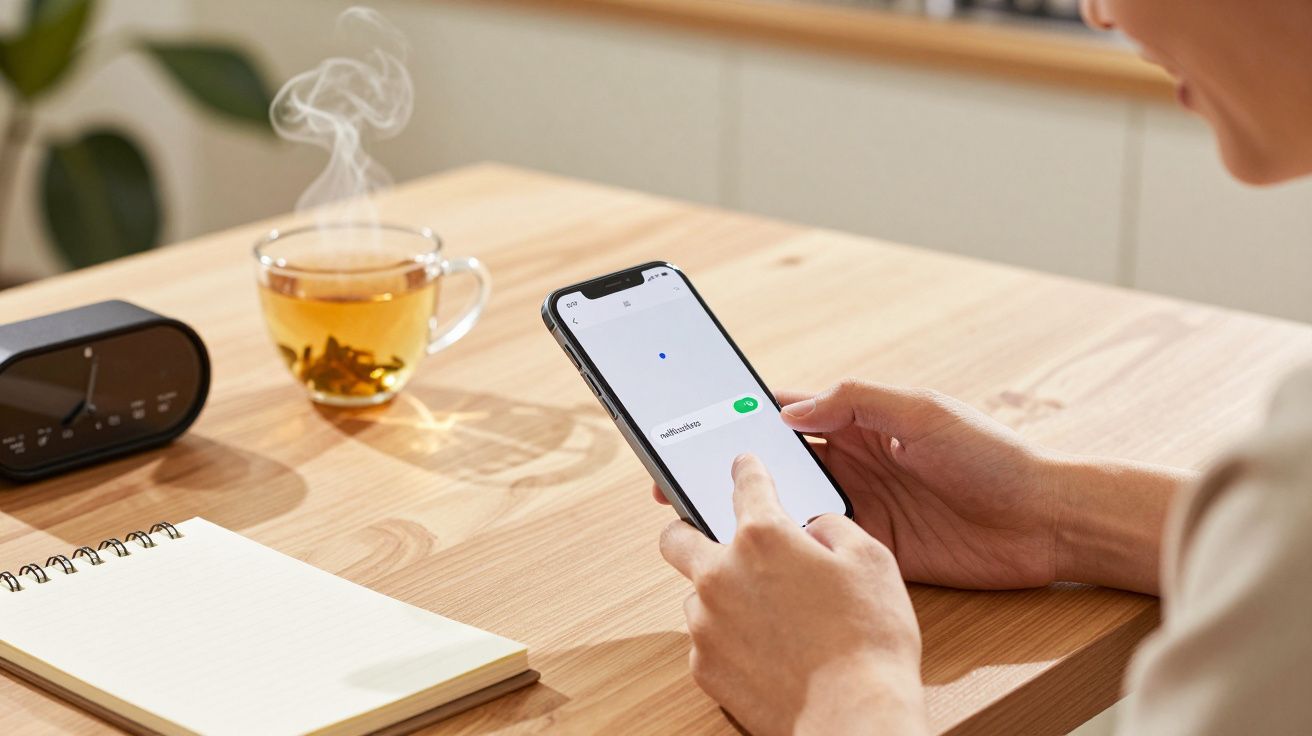 Osoba trzymająca smartfon przy stole z notatnikiem, zegarem i herbatą.