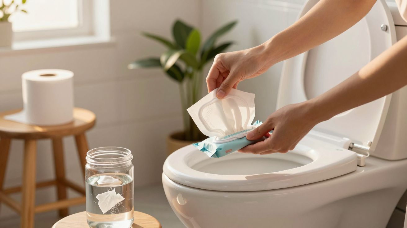 Osoba wrzuca nawilżaną chusteczkę do toalety, w tle roślina i papier toaletowy na stołku.