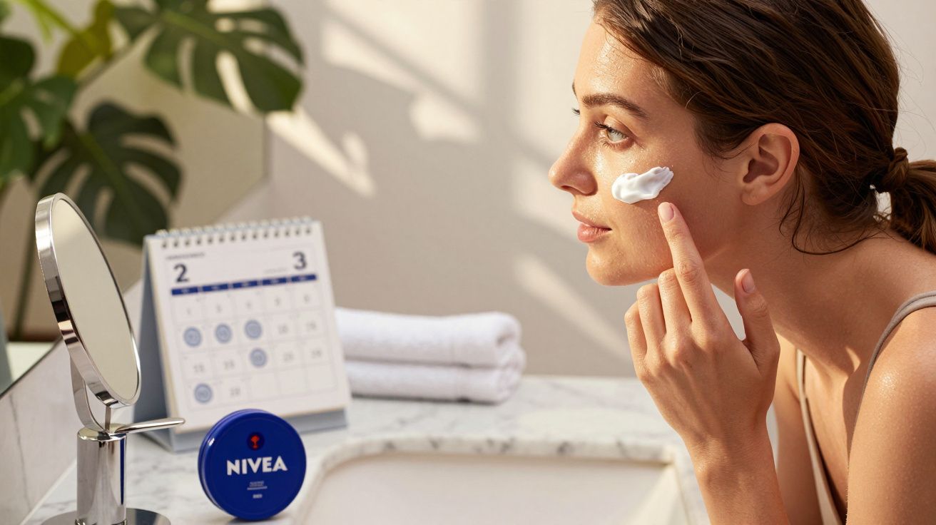 Kobieta nakłada krem na twarz w łazience. Na blacie puszka Nivea, kalendarz i ręczniki.