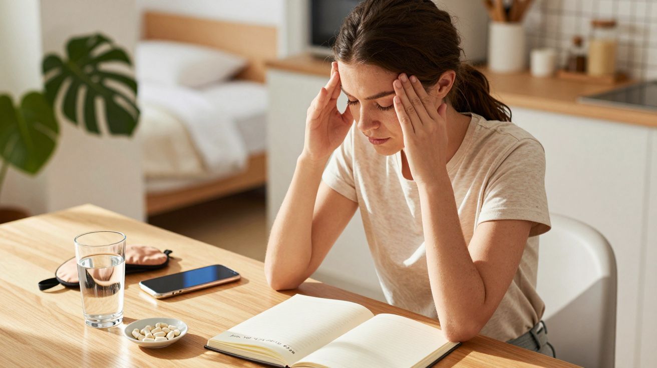 Kobieta w białej koszulce siedzi przy stole, trzymając się za głowę, na stole szklanka wody, tabletki, telefon i zeszyt.