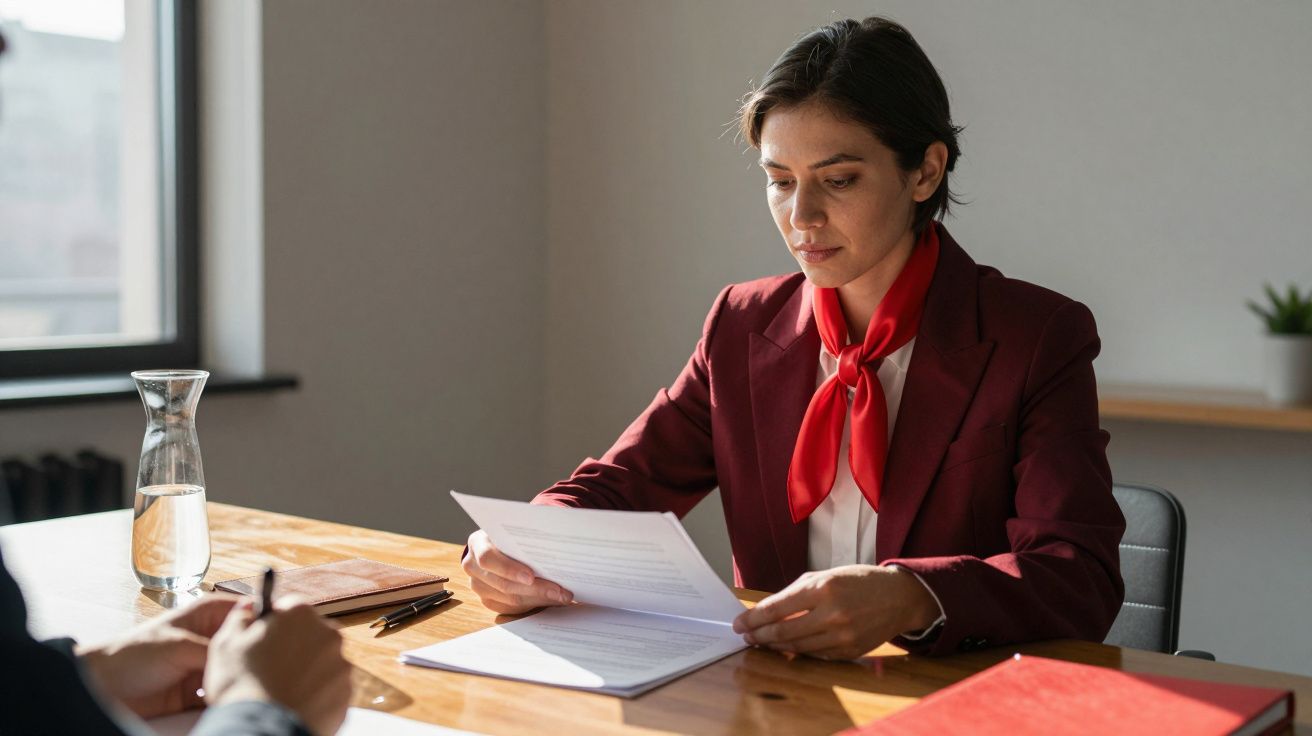 Kobieta w czerwonym garniturze przegląda dokumenty przy stole w biurze.