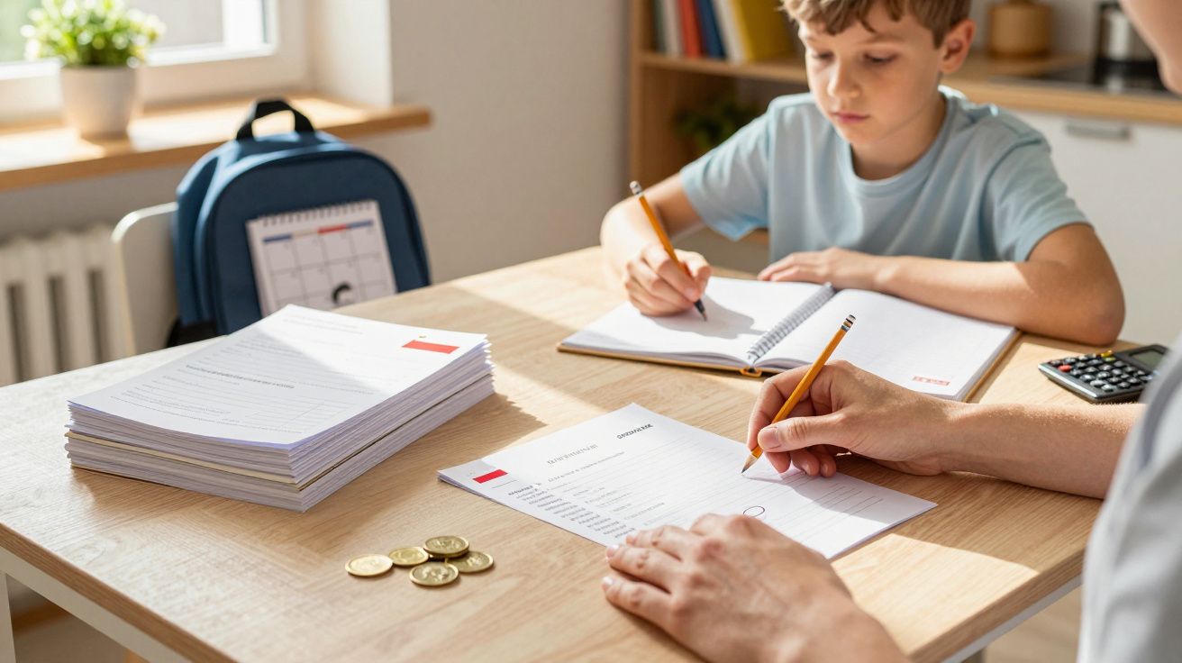 Chłopiec i dorosły przy stole z zeszytami, plecakiem i kalkulatorem, uczą się z dokumentów i zapisują notatki.