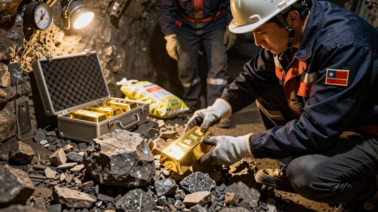 Pracownicy w kopalni zbierający złote sztabki z walizki wśród skał, w ochronnym hełmie i rękawicach.