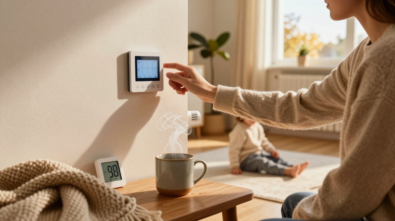 Osoba reguluje termostat na ścianie w pokoju, obok filiżanka herbaty, w tle dziecko bawi się na dywanie.