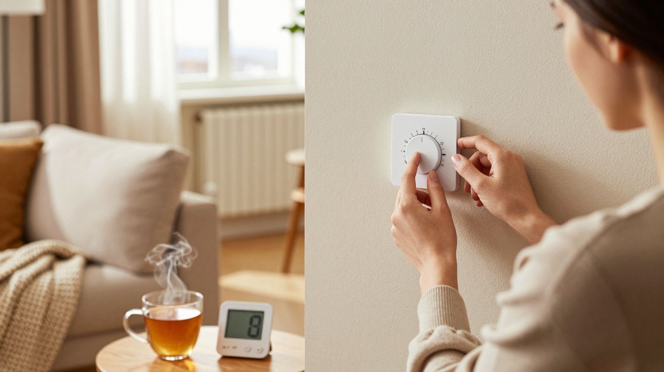 Osoba reguluje termostat na ścianie; obok kubek herbaty i termometr na stoliku w salonie.
