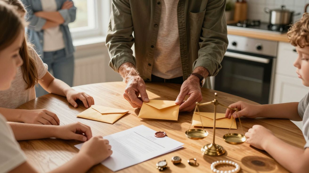 Starszy mężczyzna rozdaje koperty dzieciom przy stole, obok waga oraz dokument.