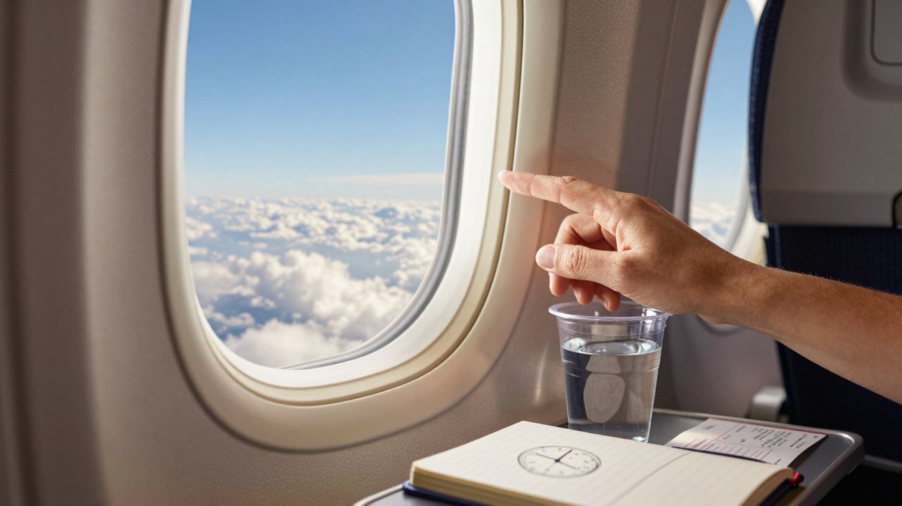 Ręka wskazuje przez okno samolotu; na stoliku z notesem i wodą, widok chmur.