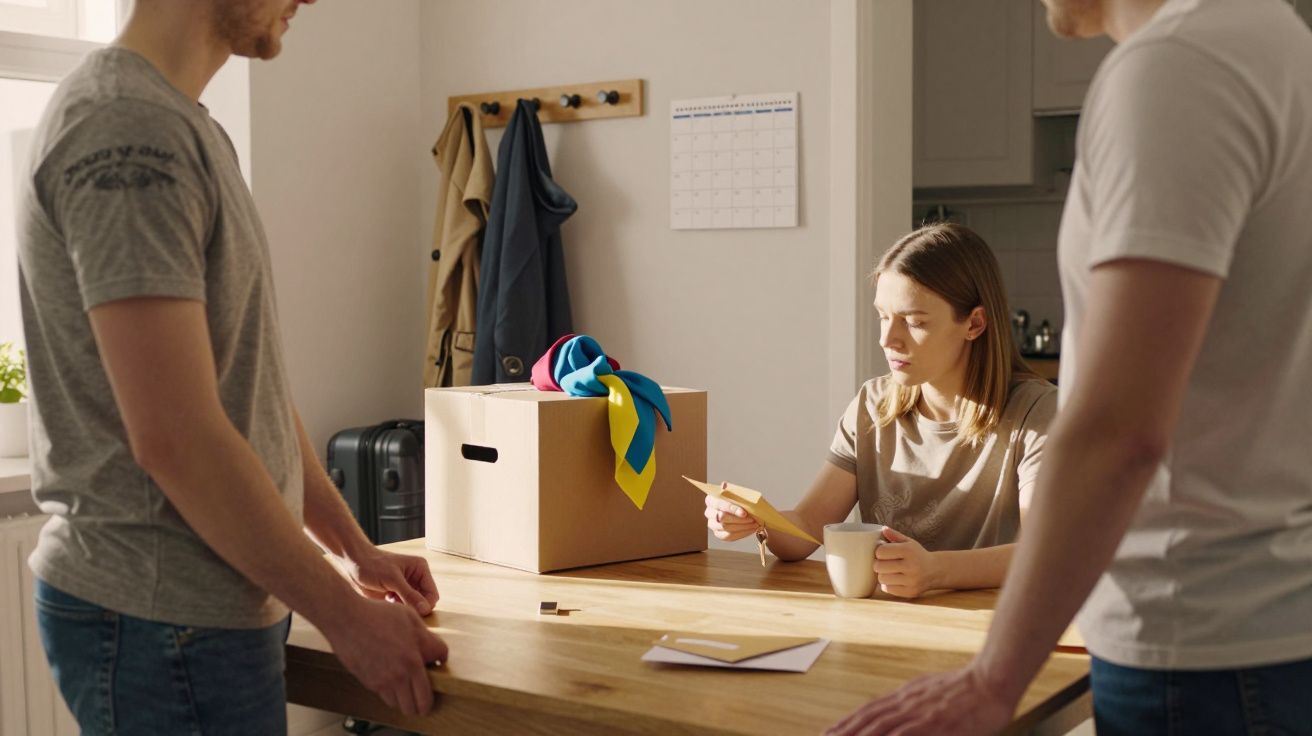 Kobieta siedzi przy stole z filiżanką, w tle karton z kolorowymi wstążkami. Obok stoją dwie osoby.