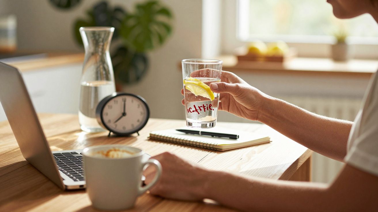 Osoba siedząca przy biurku z laptopem, trzymająca szklankę z cytryną. Na biurku zegar i filiżanka kawy.