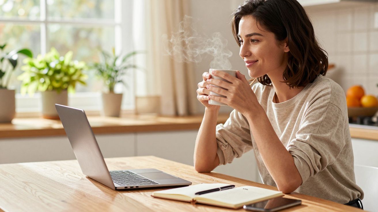 Kobieta przy stole z laptopem, trzymająca filiżankę, uśmiecha się. Obok notes i smartfon. W tle rośliny.