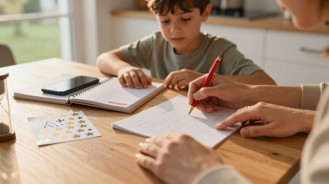 Dziecko przy stole uczące się z dorosłym, notes i telefon obok, kartka z oceną A+ i gwiazdkami.
